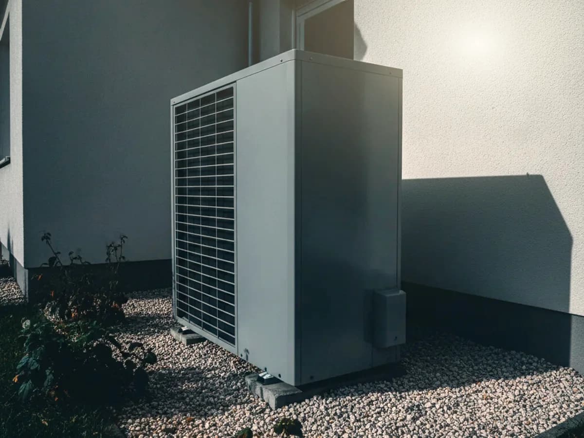 Aussengerät einer Wärmepumpe im Garten eines Wohnhauses