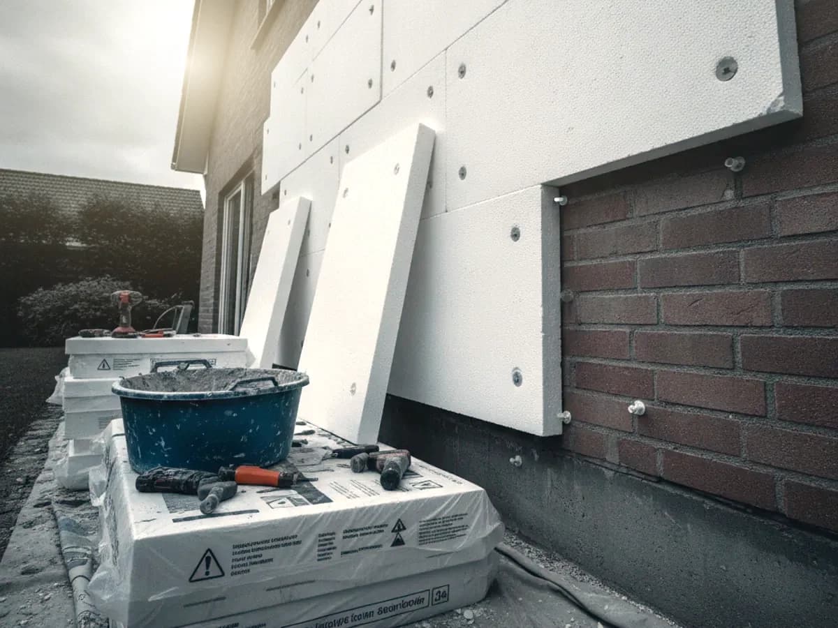 Dämmarbeiten an der Fassade eines Wohnhauses